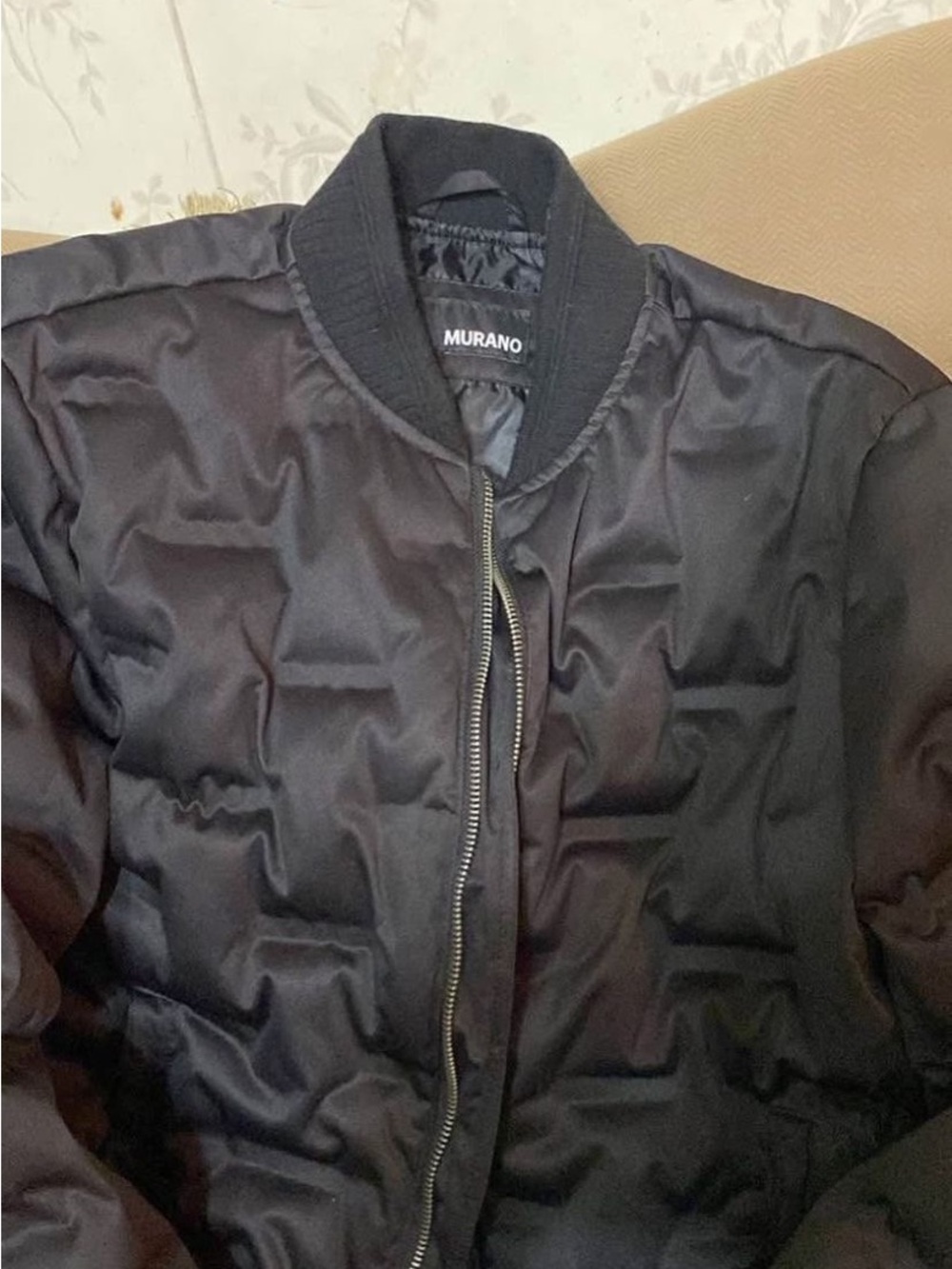 Murano Black Quilted Bomber Jacket with Ribbed Collar